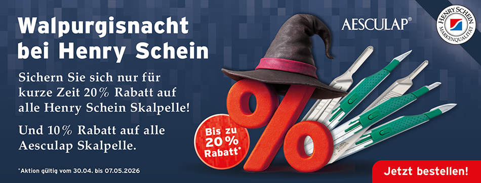 Walpurgisnacht bei Henry Schein, Sichern Sie sich nur für kurze Zeit 20 % Rabatt auf alle Henry Schein Skalpelle und 10 % Rabatt auf alle Aesculap Skalpelle! Aktion vom 30.04. bis 07.05.2026.